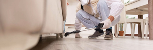 Pest control worker spraying under furniture – PC Los Angeles