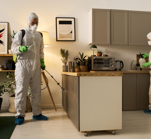Pest control team spraying inside residential kitchen – PC Los Angeles