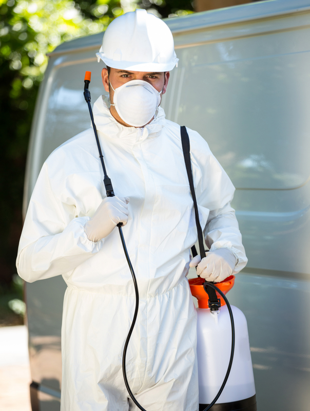 Pest control technician in protective gear holding sprayer – PC Los Angeles