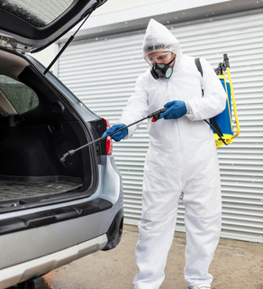 Pest control technician spraying inside car trunk – PC Los Angeles