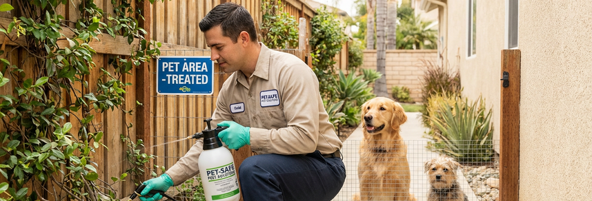 Pet-safe pest control technician treating yard area – PC Los Angeles