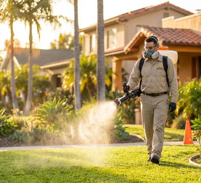 Pest control technician spraying lawn in residential area – PC Los Angeles