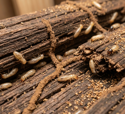 Close-up of active termite infestation on damaged wood – PC Los Angeles