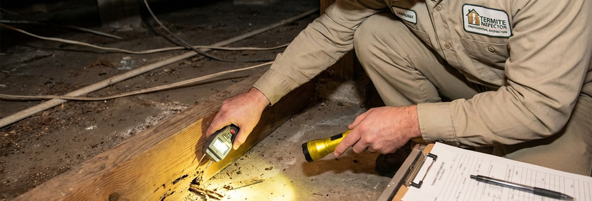 Termite inspector examining damaged wood with flashlight – PC Los Angeles